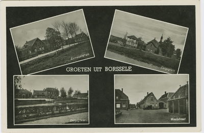 BOR-P-71 Groeten uit Borssele. Combinatiekaart Groeten uit Borssele : linksboven het gemeentehuis, rechtsboven het ...