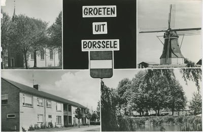 BOR-P-77 Groeten uit Borssele. Combinatiekaart Groeten uit Borssele : linksboven de Nederlandse Hervormde kerk, ...
