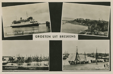 BRE-P-5 Groeten uit Breskens. Provinciale Boot Juliana , zomerhuisjes in de duinen, de Westhaven en de vissersvloot te ...