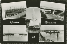 BRU-P-178 Groeten uit Bruinisse. Combinatiekaart Groeten uit Bruinisse : drie havengezichten, een viaduct en een zeilboot