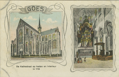 GOE-P-2 Goes De Kathedraal op heden en Interieur in 1743. Pentekeningen van: rechts de Grote of Maria Magdalena kerk en ...