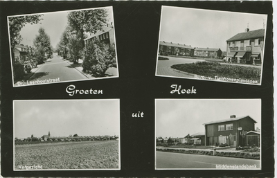HOK-P-49 Groeten uit Hoek. Combinatiekaart Groeten uit Hoek : linksboven de Doctor Leenhoutsstraat, rechtsboven het ...