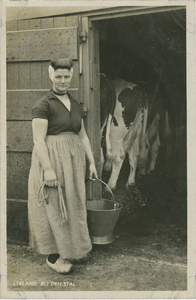 KLD-P-178 Zeeland, bij den stal. Een vrouw in Zeeuwse dracht bij een koeienstal