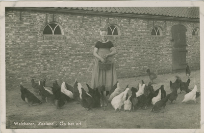 KLD-P-181 Walcheren, Zeeland. Op het erf. Een vrouw in Walcherse dracht voert de kippen op een boerderij