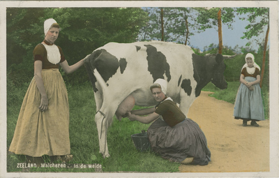 KLD-P-210 Zeeland, Walcheren. In de weide. Een vrouw en twee meisjes in Walcherse dracht aan het koeien melken