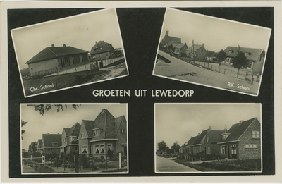 LEW-P-36 Groeten uit Lewedorp. Combinatiekaart Groeten uit Lewedorp : linksboven de christelijke school, rechtsboven de ...