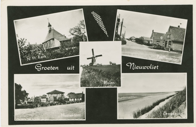 NVL-P-69 Groeten uit Nieuwvliet. Diverse locaties te Nieuwvliet: de Nederlandse Hervormde kerk, het Postkantoor, ...