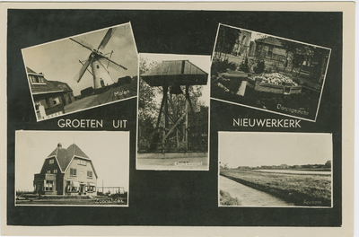 NWD-P-43 Groeten uit Nieuwerkerk. Combinatiekaart Groeten uit Nieuwerkerk : linksboven de molen, rechtsboven de ...