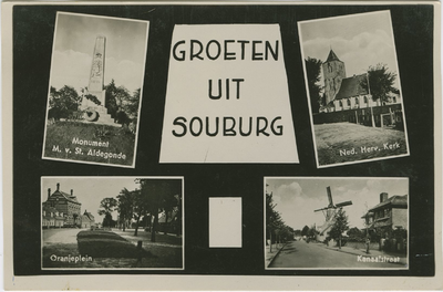 OWS-P-29 Groeten uit Souburg. Combinatiekaart Groeten uit Souburg : linksboven het monument van Marnix van Sint ...