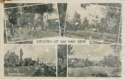 SAS-P-25 Groeten uit Sas van Gent. Combinatiefoto Groeten uit Sas van Gent : linksboven de Stationsstraat, rechtsboven ...