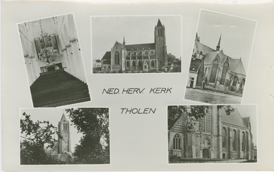 THO-P-11 Ned. Herv. Kerk Tholen. Combinatiekaart Ned. Herv. Kerk Tholen : linksboven het orgel, midden boven de kerk, ...