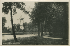 THO-P-44 De Thoolsche Boschjes. De Thoolse Bosjes op de wallen te Tholen met op de achtergrond molen De Hoop 