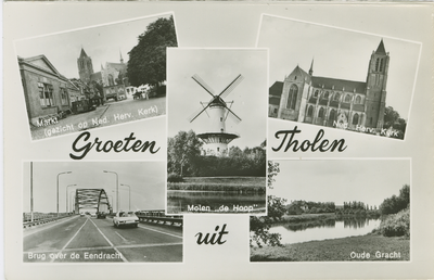 THO-P-55 Groeten uit Tholen. Combinatiekaart Groeten uit Tholen : linksboven de Markt, rechtsboven de Nederlandse ...