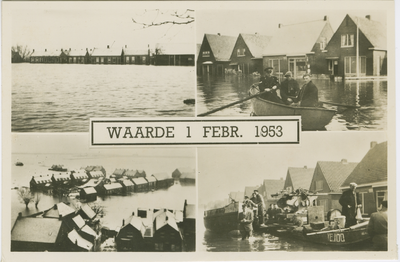 WAA-P-49 Waarde, 1 Februari 1953. Combinatiekaart Waarde, 1 Februari 1953 : vier foto's van ondergelopen huizen te ...