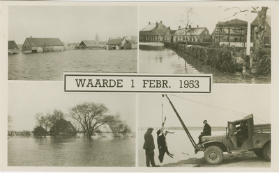 WAA-P-50 Waarde, 1 Februari 1953. Combinatiekaart Waarde, 1 Februari 1953 : drie foto's van ondergelopen huizen en een ...