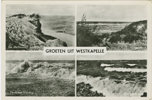 WKP-P-116 Groeten uit Westkapelle. Combinatiekaart Groeten uit Westkapelle : linksboven en rechtsboven de duinen, ...