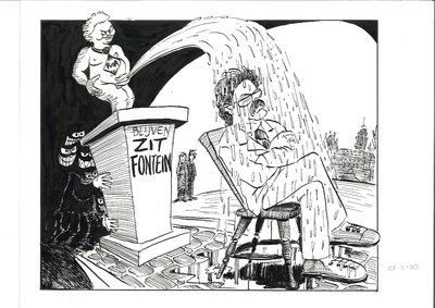 19990327 Wethouder M.L. Strous wordt ondergeplast vanaf de fontein voor het stadhuis van Middelburg