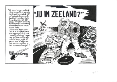 20020629 Jij in Zeeland? . Oude man achter rollator maakt reclame voor Zeeland als seniorenparadijs