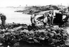 68 NFR Mannen sjouwen zandzakken voor de aanleg van een dam over de afgezonken pontons in het sluitgat van de dijk te ...