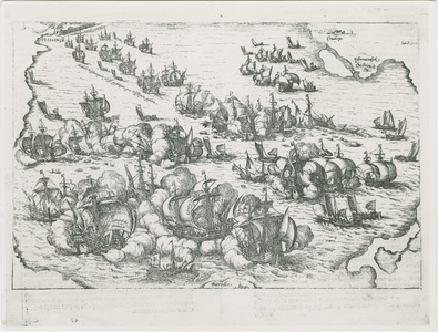 1991 Reproductie van een geschiedenisprent die de aanval van de Spanjaarden op Biervliet in 1573 weergeeft