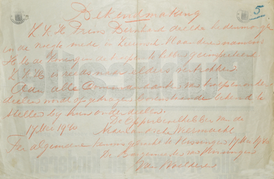 5 Gemeente Vlissingen - Bekendmaking - Kort verblijf van ZKH Prins Bernhard in Zeeuws-Vlaanderen op 17 mei 1940