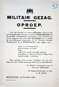 62 Militair Gezag - Oproep - Schriftelijke aanmelding van alle beroeps- en reserve- (onder)officieren der Koninklijke ...
