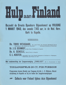 86 Hulp aan Finland - Oproep om de Groote Openbare Bijeenkomst in Kapelle op vrijdag 1 maart 1940 te bezoeken