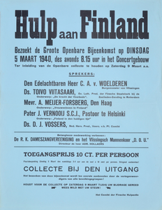 94 Hulp aan Finland - Oproep om de Groote Openbare Bijeenkomst in Vlissingen op dinsdag 5 maart 1940 te bezoeken