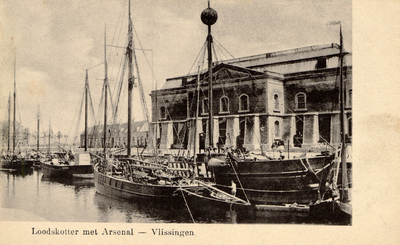 1403 'Loodskotter met Arsenal - Vlissingen'. Marinehaven (marinesluis) met loodskotters en het Groot Arsenaal
