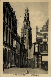 1599 'Sint Jacobstoren - Vlissingen'. De Kerkstraat gezien vanaf het Bellamypark