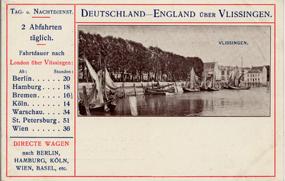 1708 'Deutschland - England über Vlissingen' Kaart betr. de Stoomvaartmij. Zeeland met afbeelding van de Vissershaven.
