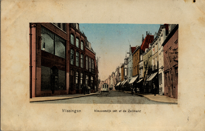 1802 'Vlissingen. Nieuwendijk van af de Zeilmarkt' met op de achtergrond de tram