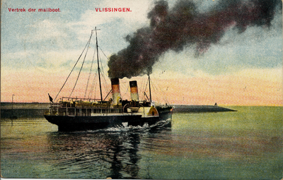 1954 'Vertrek der mailboot. Vlissingen.' Stoomvaartmij. Zeeland, een raderboot verlaat de Buitenhaven.