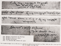 2258 Vier handtekeningen van M.A. de Ruyter. De onderste is ontleend aan de brief van 23 maart 1676 aan zijn vrouw, dus ...