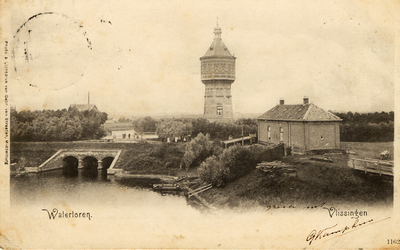 2608 'Watertoren. Vlissingen'. De Watertoren aan de Badhuisstraat, gebouwd in 1894. Op de voorgrond de kleine Spuiboezem