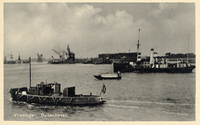 3034 'Vlissingen. Buitenhaven.' Op de voorgrond een Belgische loodsboot, daarachter een betonningsvaartuig. Op de ...