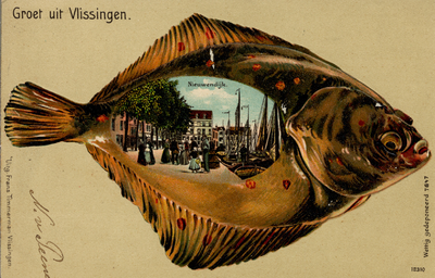 359 'Groet uit Vlissingen.' Vis met daarin afbeelding van de Nieuwendijk, de kade langs de Vissershaven