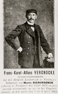 4113 Bidprentje van Frans-Karel-Alfons Vercnocke. In leven loodsleerling bij het Belgisch loodswezen te Vlissingen. ...