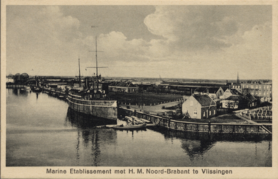 547 'Marine Etablissement met H.M. Noord-Brabant te Vlissingen'. Het wacht- en opleidingsschip aan de kade van de ...
