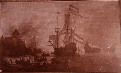6725 Foto van een schilderij in het bezit van het Zeeuwsch Genootschap voorstellende admiraal M.A. de Ruyter, de slag ...