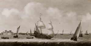 6816 Links de Pinas (een klein oorlogsschip) met admiraalsvlag. Ook links fort Rammekens. Rechts op de achtergrond ...