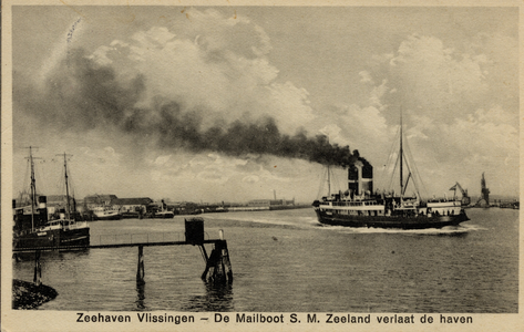 6966 'Zeehaven Vlissingen - De Mailboot S.M. Zeeland verlaat de haven'. De Buitenhaven gezien vanaf het ...