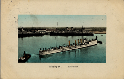 7159 'Vlissingen. Buitenhaven'. Op de voorgrond ziet men de torpedobootjager Bulhond gebouwd door de Kon. Mij. De ...