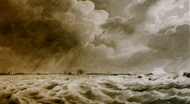 7686 Dijkdoorbraak tijdens de Zeeuwse overstroming van 1808. Foto van een gravure van J.H. Koekoek (22.5 x 38.3 cm. ...