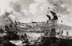 8369 De Hollandse vloot voor Vlissingen. Afbeelding van een schilderij door Willem van de Velde de oude?. 133 bij 203 ...