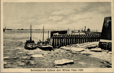 8681 'Scheldezicht tijdens den Winter Febr. 1929' Gezicht op de Loodsensteiger en het Roeiershoofd.Op de voorgrond ...