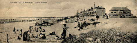 9343 'Grand Hôtel, Villa's en Badhuis aan 't strand te Vlissingen' Gezicht op het badstrand met rechts het badkaarten ...