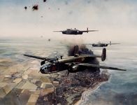 9786 Tweede Wereldoorlog. Bombardement Ned. 320e Squadron Mitchell bommenwerpers op Vlissingen, 20 aug. 1943, naar een ...