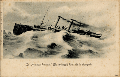 10047 'De Koningin Regentes (Maatschappij Zeeland) in stormweer' Stoomvaartmij. Zeeland.