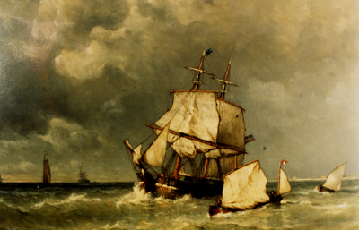 11322 Een Belgisch en Nederlands loodsbootje strijden op de rede van Vlissingen om als eerste bij een te beloodsen ...
